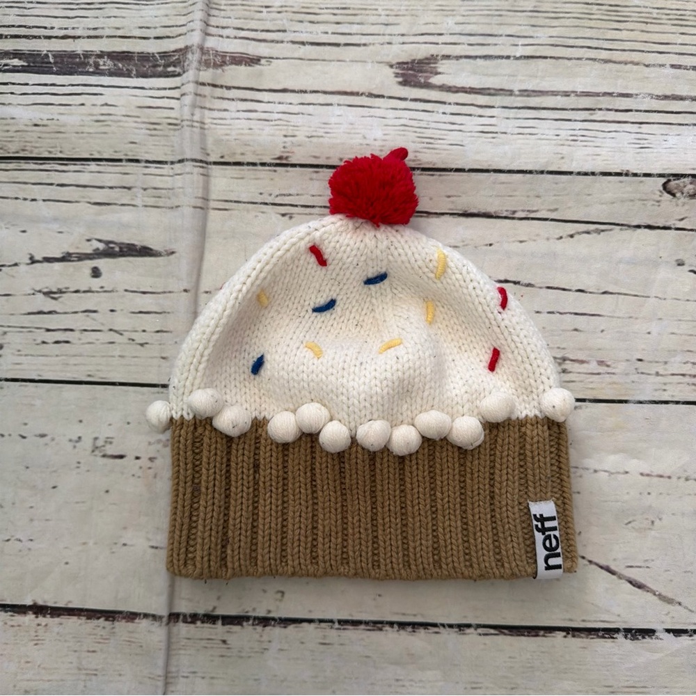 Neff Kids White Beanie with Brown Cuff and Red Pom
